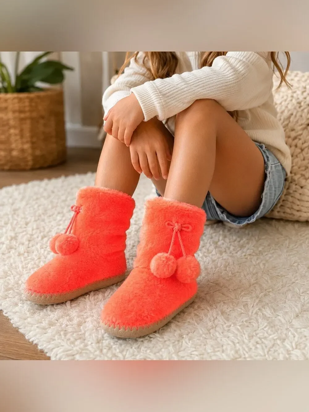 Girls Size 5/6 Bright Neon Fuzzy Slipper Boots Pom Pom House Shoes